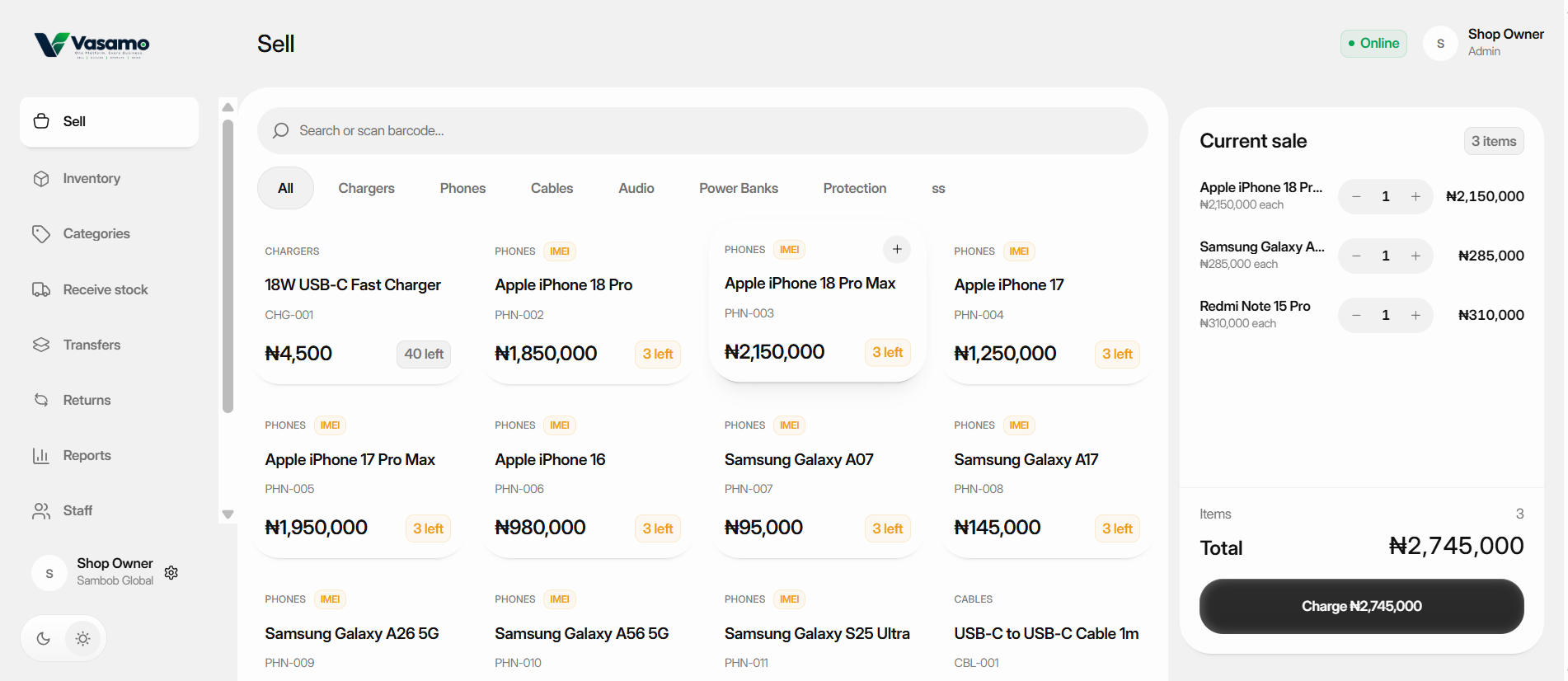 Vasamo point of sale with products, stock counts, and the current sale