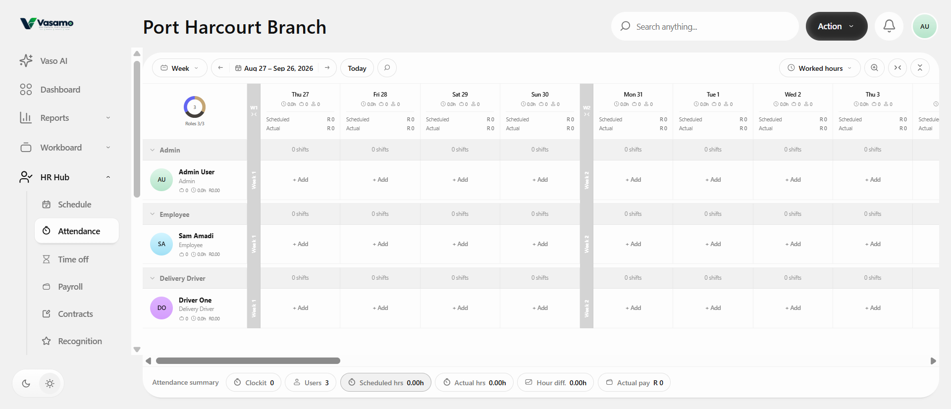 Attendance timesheet by branch and staff